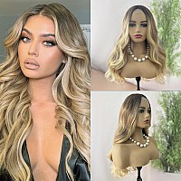 Halcyon Long Ombre Blonde Wavy Wig For Women 26 Inch Curly Wavy Wig Middle Part Synthetic Wavy Wig Natural Looking Heat Resistan