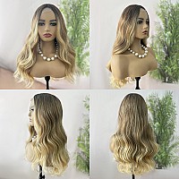 Halcyon Long Ombre Blonde Wavy Wig For Women 26 Inch Curly Wavy Wig Middle Part Synthetic Wavy Wig Natural Looking Heat Resistan