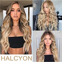 Halcyon Long Ombre Blonde Wavy Wig For Women 26 Inch Curly Wavy Wig Middle Part Synthetic Wavy Wig Natural Looking Heat Resistan