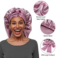 AWAYTR Long Satin Bonnet for Women - Double Layer Elastic Silk Bonnet for Braids Hair Sleeping Cap with Tie Band (Rose Gold)