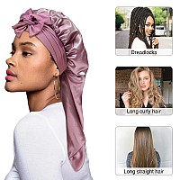 AWAYTR Long Satin Bonnet for Women - Double Layer Elastic Silk Bonnet for Braids Hair Sleeping Cap with Tie Band (Rose Gold)