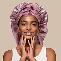 AWAYTR Long Satin Bonnet for Women - Double Layer Elastic Silk Bonnet for Braids Hair Sleeping Cap with Tie Band (Rose Gold)