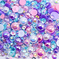 Briskbloom 60g Mix Flatback Pearls and Flatback Rhinestones for Crafts, 2mm-10mm Pearl Rhinestones for Nails Face Art Tumblers, Mix Rhinestones and Pearls, with Tweezers Wax Pen, Pink|Purple|White