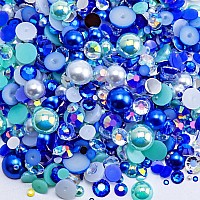 Briskbloom 60g Mix Flatback Pearls and Flatback Rhinestones for Crafts, 2mm-10mm Blue Green White Pearl Rhinestones for Nail Face Art Tumblers, Jelly Rhinestones and Half Pearls, with Tweezers Wax Pen