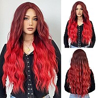 Esmee Middle parting gradient red long curly hair wig Wigs for Women Natuaral Synthetic Wavy Curly Hair Wig for Daily Party Cosplay Use-28 Inches