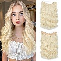 SARLA Invisible Wire Hair Extension with Clips Bleach Blonde Short Synthetic Beach Wave Hairpiece for Women Adjustable Size Transparent Headband 16 Inch