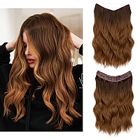 SARLA Ombre Invisible Wire Hair Extension with Clips Brown to Golden Short Synthetic Beach Wave Hairpiece for Women Adjustable Size Transparent Headband 16 Inch