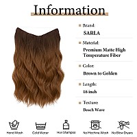 SARLA Ombre Invisible Wire Hair Extension with Clips Brown to Golden Short Synthetic Beach Wave Hairpiece for Women Adjustable Size Transparent Headband 16 Inch