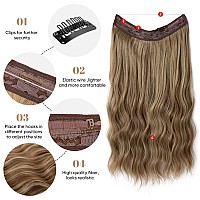 SARLA Ombre Invisible Wire Hair Extension with Clips Brown to Golden Short Synthetic Beach Wave Hairpiece for Women Adjustable Size Transparent Headband 16 Inch