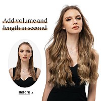 SARLA Ombre Invisible Wire Hair Extension with Clips Brown to Golden Short Synthetic Beach Wave Hairpiece for Women Adjustable Size Transparent Headband 16 Inch