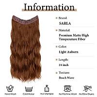 SARLA Invisible Wire Hair Extension with Clips Light Auburn Long Synthetic Beach Wave Hairpiece for Women Adjustable Size Transparent Headband 24 Inch