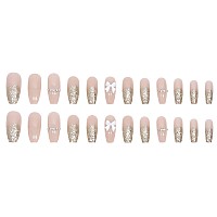 Mervf Coffin Press On Nails Long Fake Nails Gold French Tip Ballerina Glitter Acrylic Nails With Bowtie Designs 24Pcs Glossy Gl