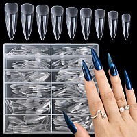 Addfavor 600Pcs Stiletto Gel X Nail Tips Long Clear Full Cover Stiletto Nail Tips Soft Gel Nail False Fake Nails 12 Sizes For Ac