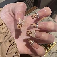 Mervf Coffin Press On Nails Long Fake Nails Brown French Tip Ballerina Glue On Nails With Rhinestones Bow Designs 24Pcs Glossy L