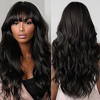 Allbell Long Black Wigs For Women Curly Synthetic Wig With Bangs Body Wave Natural Looking Heat Resistant Fiber Fake Hair For Da