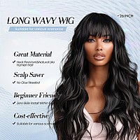 Allbell Long Black Wigs For Women Curly Synthetic Wig With Bangs Body Wave Natural Looking Heat Resistant Fiber Fake Hair For Da