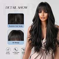 Allbell Long Black Wigs For Women Curly Synthetic Wig With Bangs Body Wave Natural Looking Heat Resistant Fiber Fake Hair For Da