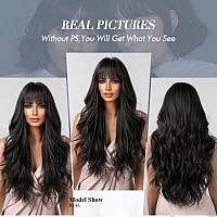 Allbell Long Black Wigs For Women Curly Synthetic Wig With Bangs Body Wave Natural Looking Heat Resistant Fiber Fake Hair For Da