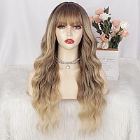 Aisi Queens Ombre Blonde Wig With Bangs Long Blonde Wavy Wigs For Women Synthetic Curly Wavy Wigs With Dark Root Middle Part Hea