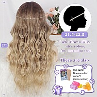 Aisi Queens Ombre Blonde Wig With Bangs Long Blonde Wavy Wigs For Women Synthetic Curly Wavy Wigs With Dark Root Middle Part Hea