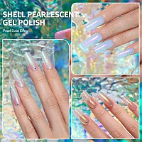 Rarjsm Pearl Gel Nail Polish Glitter Pearlescent Shell Polish Set 6 Colors Pink White Green Purple Shimmer Mermaid Swirl Thread