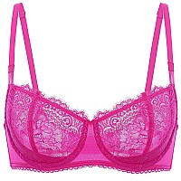 DOBREVA Womens Sexy Lace Push Up Plus Size Bra Sheer Balconette Underwire Unlined Bright Fuchsia 36DD