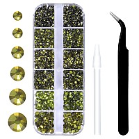 3792 Pcs Olive Green Flatback Rhinestones Set For Nail Art Crafts Makeup Tumblers Glitter Round With Tweezers And Picking Pe