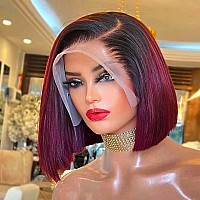 Hiriremy Ombre 99J Burgundy Lace Front Bob Wigs Human Hair 13X4 Hd Lace Frontal Wigs Glueless Short Straight Bob Wigs For Black