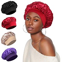 4Pcs Satin Bonnet Silk Bonnet, Hair Bonnet for Sleeping, Elastic Wide Band Silk Sleep Cap, Soft and Breathable (Black Red Purple Gold)