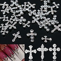 SILPECWEE 30pcs 3 Style Cross Nail Charms 3D Cross Charms for Nails Silver Nail Jewels Nail Art Charms Flat-Back Nail Rhinestone Crystal Diamond Nail Art Decoration Nails Accessories