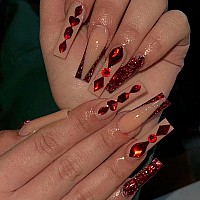 Mervf Red French Tip Press On Nails Long Coffin Fake Nails Luxury Ballerina Glue On Nails With Rhinestones Designs Acrylic Nails