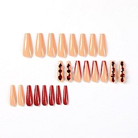 Mervf Red French Tip Press On Nails Long Coffin Fake Nails Luxury Ballerina Glue On Nails With Rhinestones Designs Acrylic Nails