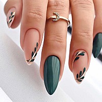 Mervf Almond Press On Nails Medium Fake Nails Green Stiletto Glue On Nails Press Ons 24Pcs Glossy Matte Spring Acrylic Nails Wit