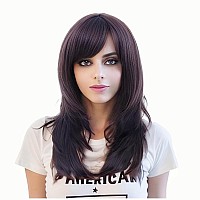 Rugelyss Dark Brown Long Wavy Wig With Bangchocolate Layered Synthetic Hair Wigs For Women With Side Parting