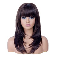 Rugelyss Dark Brown Long Wavy Wig With Bangchocolate Layered Synthetic Hair Wigs For Women With Side Parting