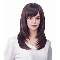 Rugelyss Dark Brown Long Wavy Wig With Bangchocolate Layered Synthetic Hair Wigs For Women With Side Parting