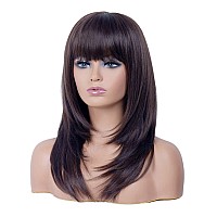 Rugelyss Dark Brown Long Wavy Wig With Bangchocolate Layered Synthetic Hair Wigs For Women With Side Parting