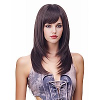 Rugelyss Dark Brown Long Wavy Wig With Bangchocolate Layered Synthetic Hair Wigs For Women With Side Parting