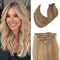 Clip in Hair Extensions Brown and Blonde Human Hair Extensions 12 Inch Double Weft Silky Straight Bleach Blonde Highlighted Golden Brown Real Hair Extensions Clip in Human Hair 70g 7pcs