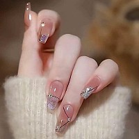 RikView French Tip Press on Nails Medium Fake Nails Coffin Acrylic Nails Nude Nails for Women and Girls