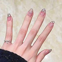 Rikview Pink Press On Nails Medium Fake Nails Almond Acrylic Nails With Sequins 24 Pcsset