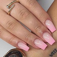 Foccna 24Pcs Pink Fake Nails Gradient Coffin Glossy Press On Nail False Tips Medium Length Artificial Finger Manicure For Women