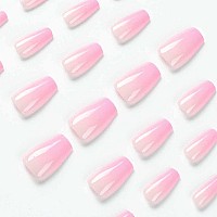 Foccna 24Pcs Pink Fake Nails Gradient Coffin Glossy Press On Nail False Tips Medium Length Artificial Finger Manicure For Women