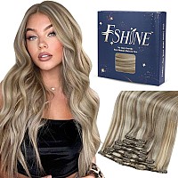 Fshine Clip In Hair Extensions Human Hair 22 Inch 120 Grams Brown With Platinum Blonde Highlighted Clip In Human Hair Extensions