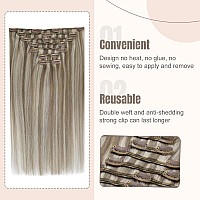 Fshine Clip In Hair Extensions Human Hair 22 Inch 120 Grams Brown With Platinum Blonde Highlighted Clip In Human Hair Extensions