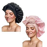 Satin Bonnet Silk Bonnet Hair Bonnet for Sleeping Large Bonnets with Tie Band Hair Wrap with Adjustable Straps Hair Cap Night Sleep Caps for Women Curly Braid Hair(Black,Pink)