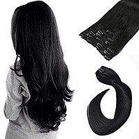 Clip in Hair Extensions Real Human Hair, Jet Black Hair Extensions Clip ins, 7 Pieces 70G Real Hair Extensions Clip in Human Hair Double Wefts 12 Inch