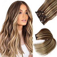 Clip in Hair Extensions Real Human Hair, Chestnut Brown to Blonde Highlights Hair Extensions Clip ins,7 Pieces 70G Real Hair Extensions Clip in Human Hair Double Wefts 12 Inch