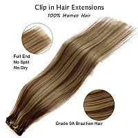 Clip in Hair Extensions Real Human Hair, Chestnut Brown to Blonde Highlights Hair Extensions Clip ins,7 Pieces 70G Real Hair Extensions Clip in Human Hair Double Wefts 12 Inch