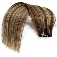 Clip in Hair Extensions Real Human Hair, Chestnut Brown to Blonde Highlights Hair Extensions Clip ins,7 Pieces 70G Real Hair Extensions Clip in Human Hair Double Wefts 12 Inch